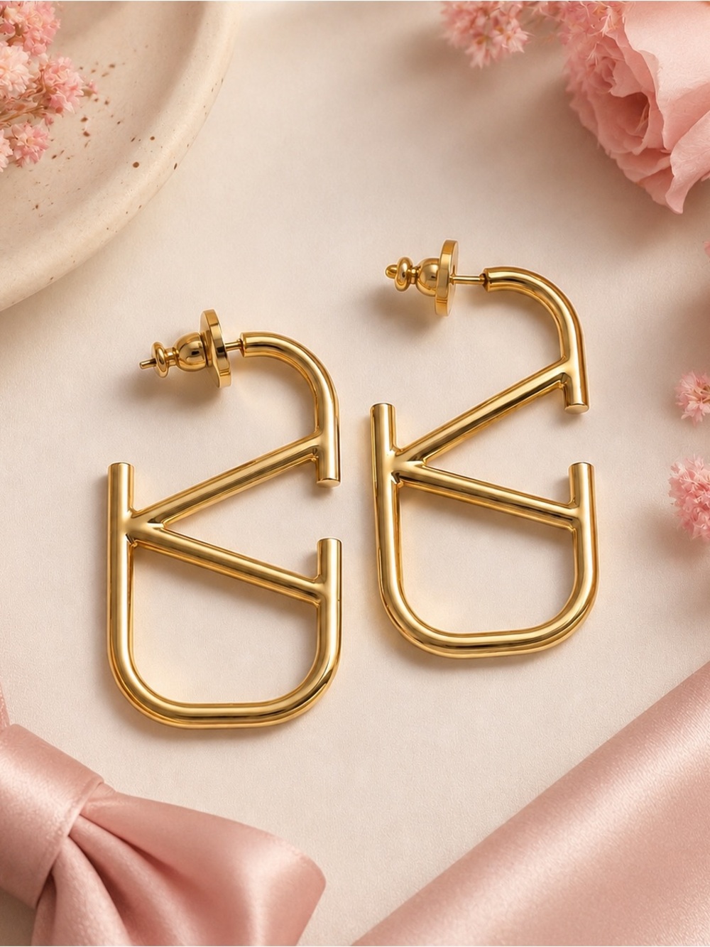 14K Gold Tone Geometric V Letter Earrings | Luxury Statement Hoops 💛✨
